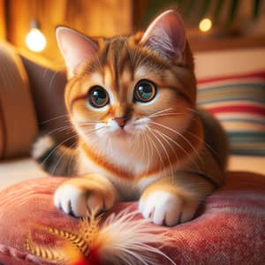 Lively Orange Cat Playing on Red Cushion | Cute Cat Image