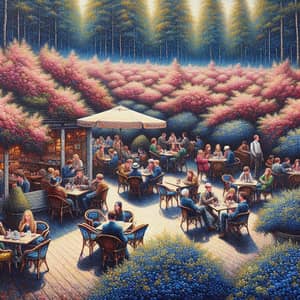 Lively Café Scene with Blueberry Blooms | Artistic Painting