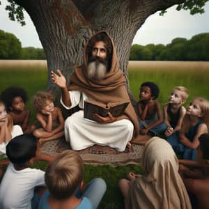 Middle Eastern Male Saint Teaching Diverse Youth Under Ancient Oak Tree