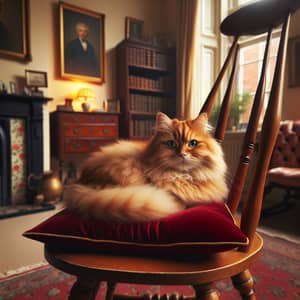 Tranquil Domestic Scene with Orange Tabby Cat on Velvet Cushion