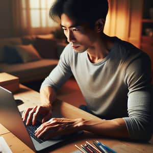 Focused East Asian Man Working on Laptop in Cozy Atmosphere