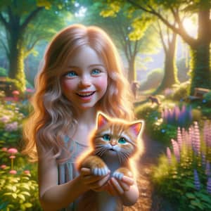 Young Girl Catching Cute Ginger Cat in Lush Park Setting