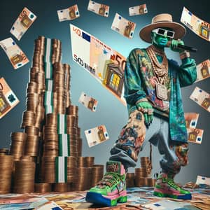 Eccentric Foreign Rapper with Gold Chain on Euro Banknotes Background