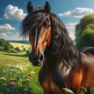 Majestic Brown Horse in Lush Meadow | Serene Summer Scene