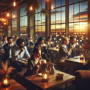 Diverse Office Workers Enjoying Coffee at Twilight in Cozy Cafe