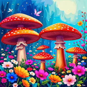 Whimsical Garden with Oversized Mushrooms and Colorful Flowers