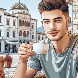 Handsome Young Albanian Man Sipping Coffee in Prizren
