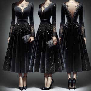 Midnight Black Velvet Dress with Twinkling Stars - Elegant A-line Silhouette