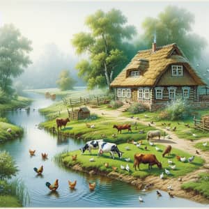 Tranquil Village Along River with Domestic Animals