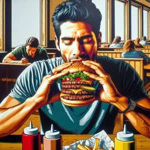 Hispanic Man Enjoying Triple Meat Burger | Man at Table