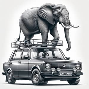 Realistic Illustration of Elephant on Lada Granta Car