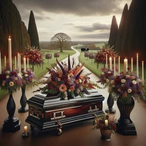 Elegant Funeral Arrangements with Vibrant Flowers and Gothic Ambiance
