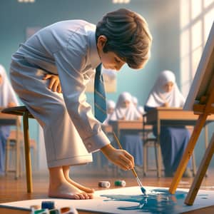 Middle Eastern Boy in School Uniform Painting Picture at School