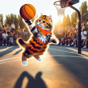 Playful Feline in Action: Basketball Game in Sunny Park