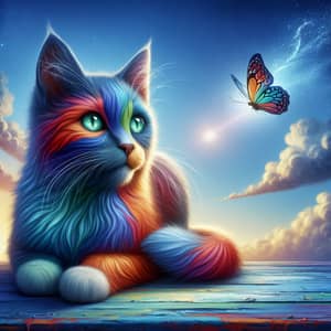 Creative Cat Watching Butterfly in Vibrant Colors