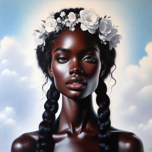 Realistic Oil Painting Portrait of Black Brown Skinned Woman with Floral Head Adornment