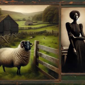 Rustic Country Setting with Black Sheep and Stylish Woman