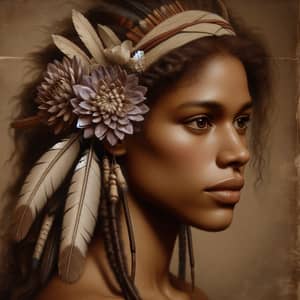 Realistic Antique Style Portrait of Brown-Skinned Woman with Flowers and Feathers