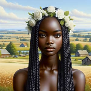 Realistic Painting of Black Woman with Braided Hair in Peaceful Country Landscape
