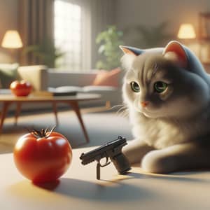 Serene Domestic Cat Playfully Pawing at Miniature Gun and Ripe Tomato