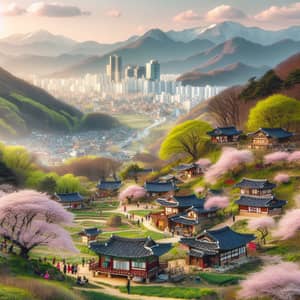 South Korea Landscape: Cityscape, Hanok Houses & Cherry Blossoms