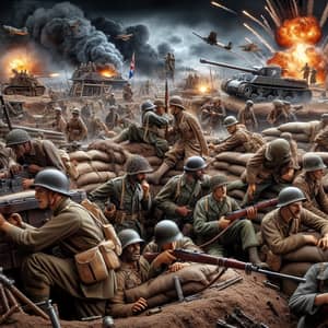 World War II Battle Scene with Diverse Soldiers: Trenches, Tanks, Explosions