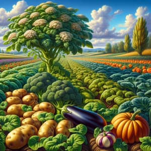 Vibrant Agricultural Landscape with Potato, Broccoli, Pumpkins, Eggplants | Beautiful Summer Scene