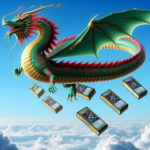 Mythical Serpentine Dragon Creature in the Sky with Collectible Cards