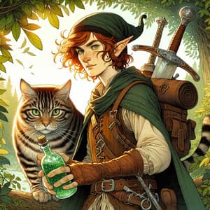 Enchanting Forest Elf with Cat in Adventure Scene