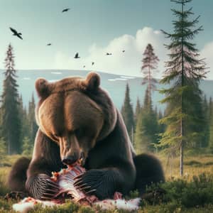 Brown Bear Eating in Lush Forest | Wildlife Scene
