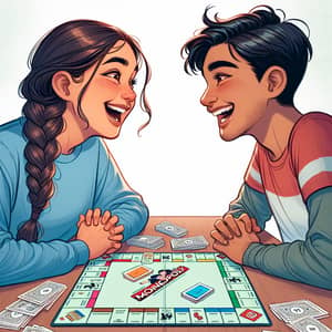 Young Couple Playing Monopoly Game with Laughter and Joy