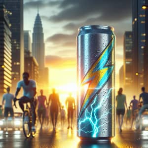 Energize Your Day with Vibrant Energy Drink in Urban Sunrise Scene