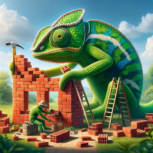 Green Chameleon Building with Bricks | Unique Construction Scene