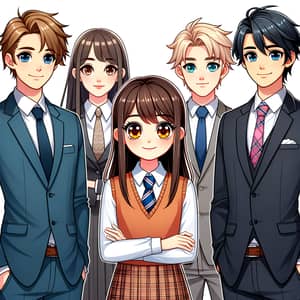 Diverse Group of Stylish Teenagers with Innocent Anime Character