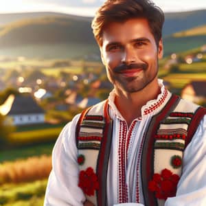Traditional Romanian Man in Colorful Attire | Stunning Landscape View