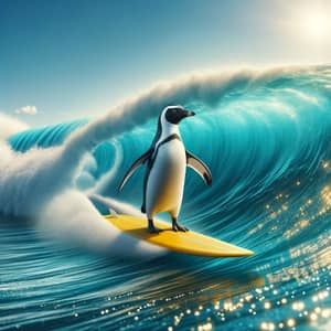 Penguin Surfing: Adventure on a Yellow Surfboard in the Azure Ocean