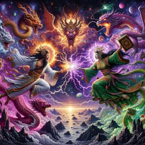 Epic Battle of Divine Beings in Cosmic Realm