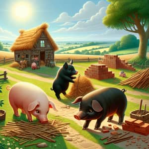 Multicultural Three Little Pigs Building Homes in Sunny Countryside