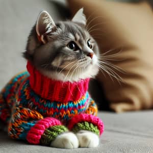 Cozy Grey and White Cat in Colorful Sweater