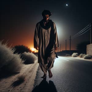 South Asian Male Walking on Desolate Road at Night