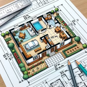 Spacious Living Room, Bathroom, Food Table- Floor Plan Design