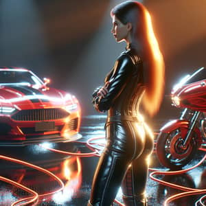 Photorealistic Woman in Leather Suit by Red Car and Motorcycle