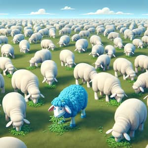 Unique Blue Sheep Among Fluffy White Flock | Pastoral Scene