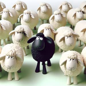 Whimsical Animated Scene with Black Sheep Standing Out