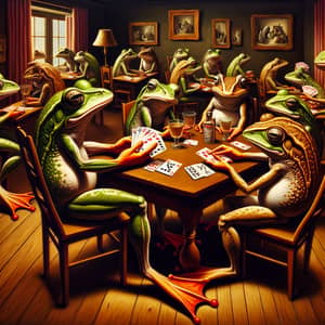 Whimsical Frogs Card Game in Surreal Lighting