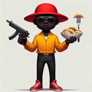 Black Man in Red Hat Holding Gun and Fork with Dumplings