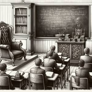 Detailed Classroom Drawing with Teacher's Table, Blackboard, and Students