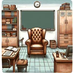 Tranquil Classroom Scene with Armchair, Blackboard, and Cabinet