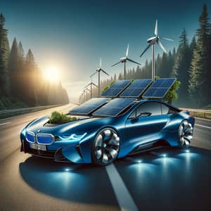 Luxury Sports Car with Solar Panels and Wind Turbines