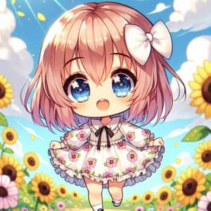 Adorable Chibi-Style Anime Girl in Bright Sunflower Landscape